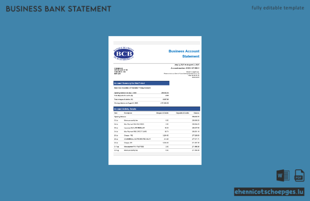 Beispiel eines Kontoauszugs des Unternehmenskontos der Credit Bank of Bujumbura (Word- und PDF-Datei)